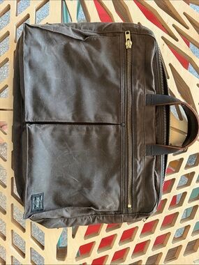 Men's Dark Brown Canvas Laptop Bag with Front Zip and Dual Handles